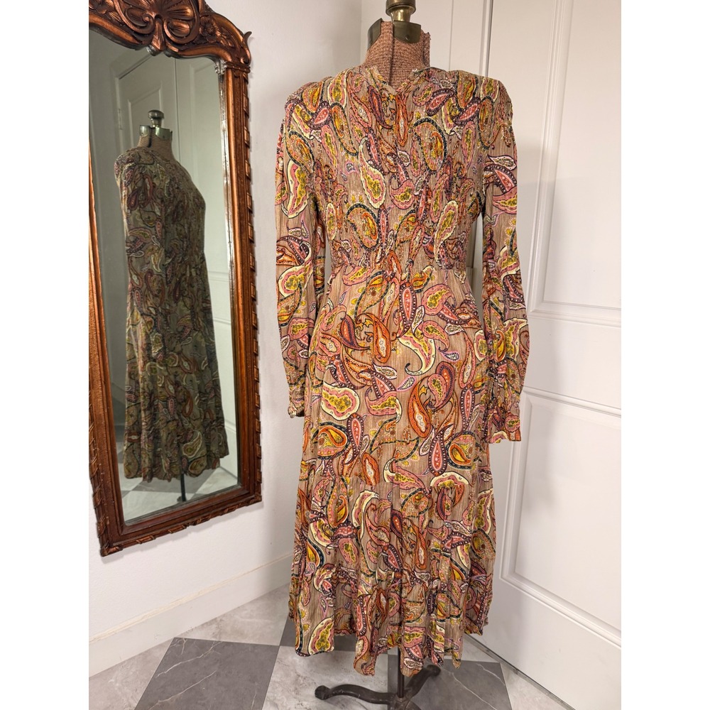 Rusttydustty Womens Paisley Smocked Tiered Midi Dress Long Sleeve Brown Boho L - Picture 4 of 8